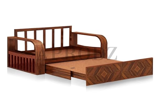 Image of APRODZ Solid Wood Sofa Cum Bed 3 Seater Velevt Fabric with Two Cushions Perfect Sofa Furniture for Home Living Office Room and Guests (Honey Finish 75x69x30-Inch)
