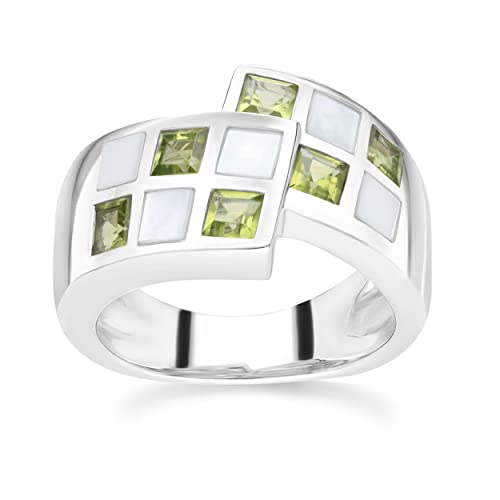 Sterling Silver Promise Ring Size 6-9 Mother of Pearl with Color Gemstone Contemporary Design for Women Birthstone Anniversary Engagement Band Ring