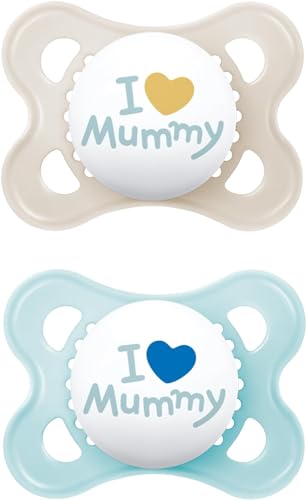 MAM Original 2-6 Months (Pack of 2), Baby Soothers with Self Sterilising Travel Case, Newborn Essentials, Blue, I Love Mummy (Designs May Vary)