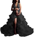 yinyyinhs Fluffy Tulle Robe Maternity Dresses for Photoshoot Sleeveless Ruffled Pregnant Gowns Bridal Bathrobe Nightgown Black S-M YRQ2