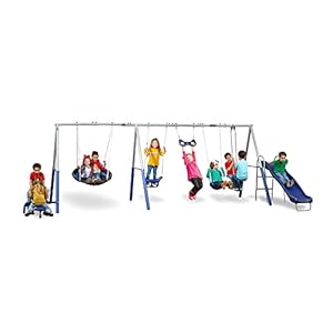 XDP Recreation Fun All Mighty Metal A-Frame Kids Swing Set with 10 Child Capacity Outdoor Backyard Home Playground with Slide and 5 Swing Types,