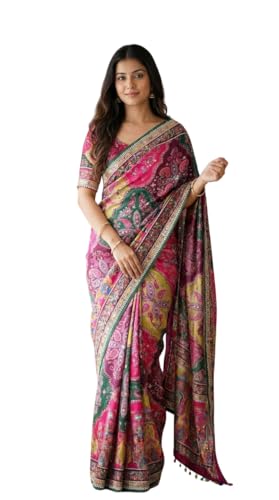 Image of Ajrakh Sarees for Women Roman Silk Ajrakh Print Saree for Woman with Mirror Work Border & Designer Pallu with Blouse Piece Multicolor Ethnic Wear (Rani)