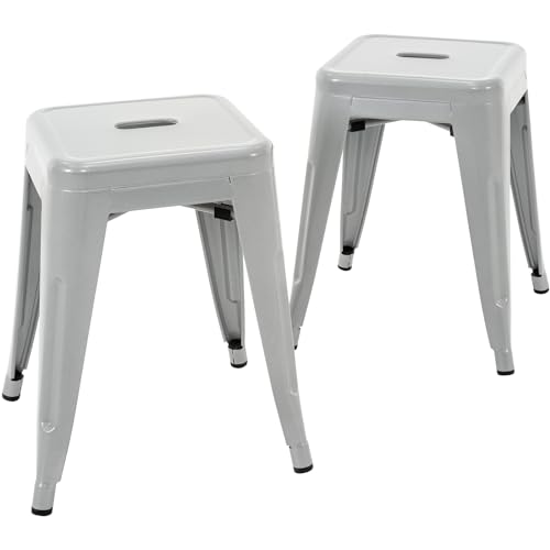 Brage Living 18-Inch Industrial Stool Set of 2, Stackable Backless Metal Chairs (Pearl Silver)