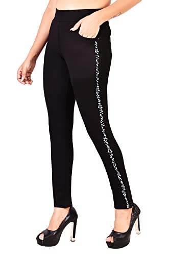 InstaCrysta Women’s Slim fit Jeggings Jeans with Crystal Boat Hot fix, Heat Pressed, Sparkle Crystal Work high Waist Stretchable Black Pants with Pocket (Size 28-40)