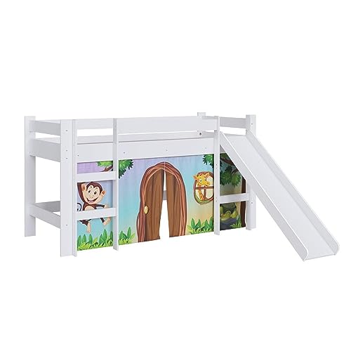 Cama Infantil Elevada com Escorregador Branco com Cortina Estampada Zoo