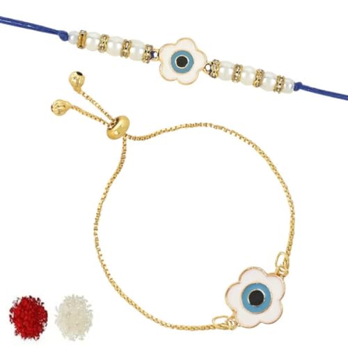 Image of I Jewels Hamsa Enamel Evil Eye Lumba Rakhi Set for Brother and Bhabhi with Roli Chawal and Rakshabandhan Card | Couple Rakhi