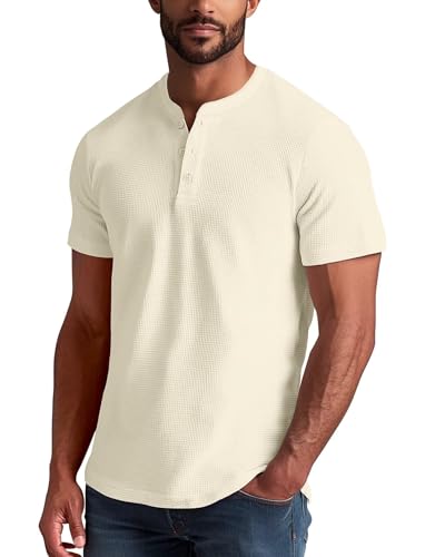 Zengjo Henley Shirts for Men Short Sleeve Waffle-Knit Casual 3 Button T-Shirt Regular-Fit