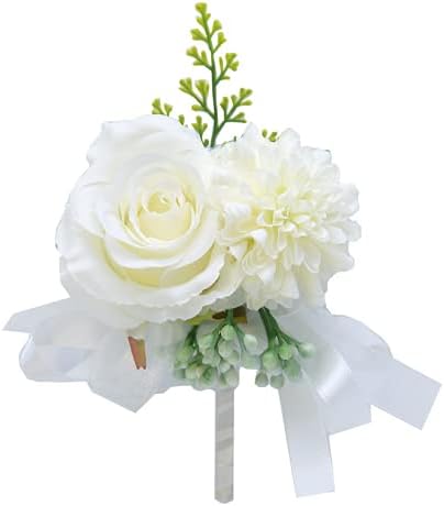 Rikyo 2 Pack Flower Wrist Corsage Boutonniere Set,3" Artificial Rose and Carnation Handmade Silk Flower for Wedding Flowers Accessories Prom Suit Decor(White) - Image 6
