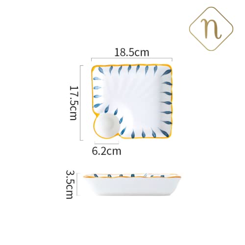 Image of Nestasia Set of 2 Ceramic Chip and Dip Snack Plate with Dip Section | Microwave & Dishwasher Safe Starter Plates | Perfect for Fries, Momos, Sushi, Kebab (White & Blue)