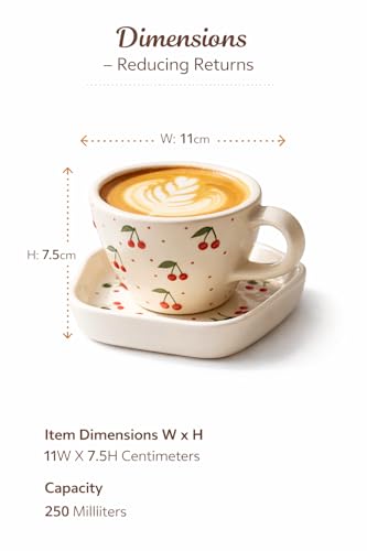 Image of OCEAN STORE Ceramic Cherry Print Tea Cup with Saucer 250 ml | Aesthetic Coffee Cup Set | Cute Printed Ceramic Mug | Glossy Finish Cup for Home, Office & Cafe (4)