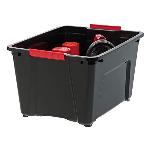 Image of IRIS USA 32 Qt Stackable Plastic Storage Bins with Lids, 6 Pack - BPA-Free, Made in USA - Garage Organizing Solution, Latches, Durable Nestable Containers, Secure Pull Handle - Black