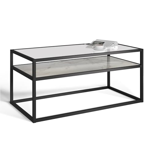 URBNLIVING Glass Display Top Coffee Table with Steel Frame Reversible Wooden Storage Shelf