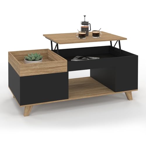 IDMarket - Table Basse rectangulaire Plateau relevable et Plateau Amovible avec Coffre Lola Bois et Noir