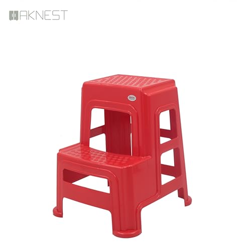 Image of Oaknest Supreme Multipurpose Plastic 2-Step Stool for Kids & Adults - Anti-Slip Lightweight Stepping Stool for Kitchen, Bathroom & Home - Red, 4 Piece
