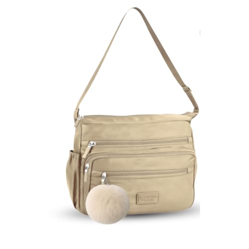 Bolsa Feminina Transversal Média Nylon Impermeável Tiracolo Com Chaveiro (Bege)