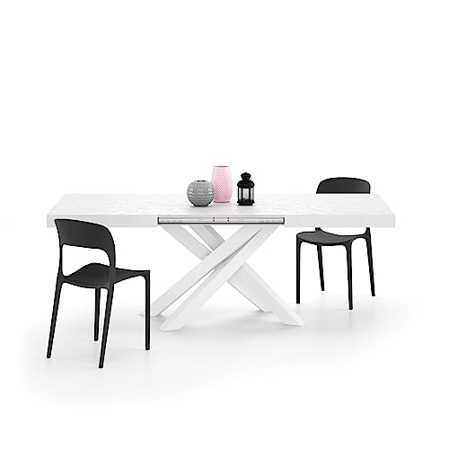 MOBILI FIVER, Mesa Extensible Emma 140(220) x90 cm, Color Cemento Blanco con Patas Cruzadas Blancas, para 6-10 Personas, Mesa Extensible de Comedor, Mesa Cocina, Salon, Made In Italy