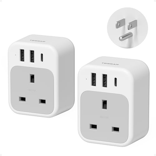 UK to US Plug Adaptor 2 Pack, TESSAN USA Travel Adapter with USB C and 2 USB A, 4 in 1 Travel Adaptor, American Plug Adapter from UK to Mexico, Canada, Thailand, Bahamas (Type B)