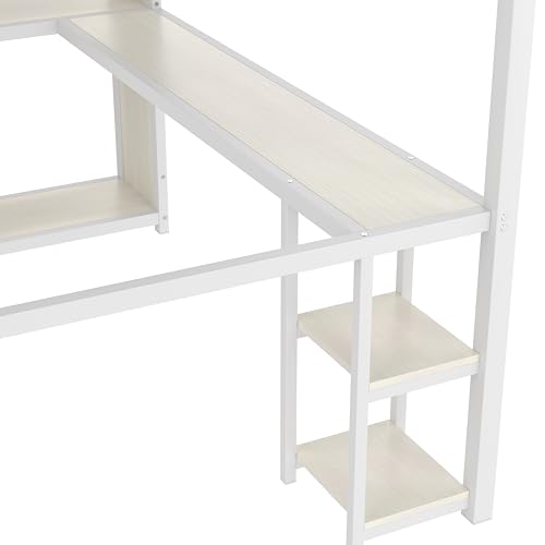 Image of Bellemave Queen Size Loft Bed with Desk, Wardrobe, Metal Queen Loft Bed Frame for Adults, Kids, Teens, White Wood-Grain