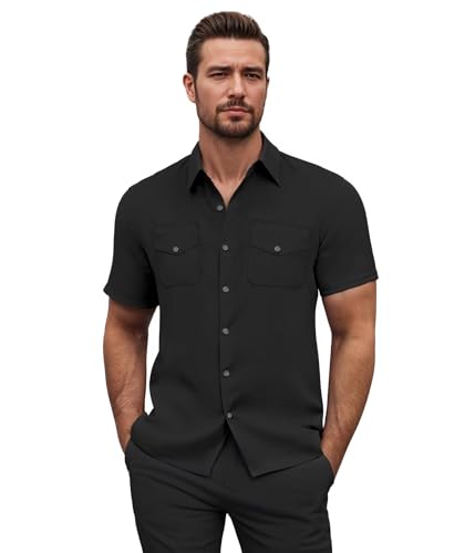 ETHANOL Men’s Bonded Collar Seamless Button-Down Shirt – Tech Stretch, Waffle Texture Short Sleeve Shirt