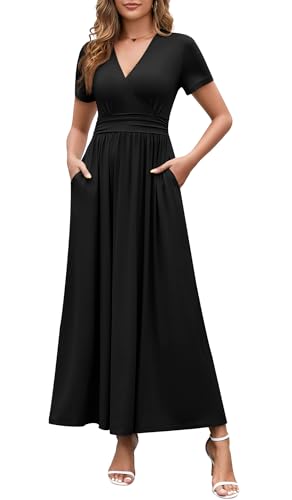 WEACZZY 2025 Summer Long Dresses for Women Wrap Empire Pleated Waist V Neck Short Sleeve Elegant Maxi Dress with Pockets2