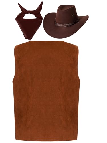 Kids Boys Girls Western Cowboy Cowgirls Outfits Cow Print Vest with Bandana Hats Set for Halloween Party2