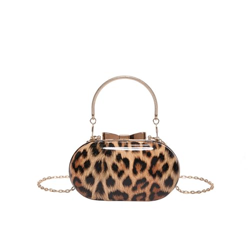 Image of Small Leopard Print Clutch Evening Tote Bag Top Handle Cheetah Print Satchel Handbag with Chain Animal Print Purse