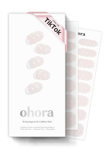 Image of ohora Semi Cured Gel Nail Strips (N Polka Blanc) - Works with Any Nail Lamps, Salon-Quality, Long Lasting, Easy to Apply & Remove - Includes 2 Prep Pads, Nail File & Wooden Stick