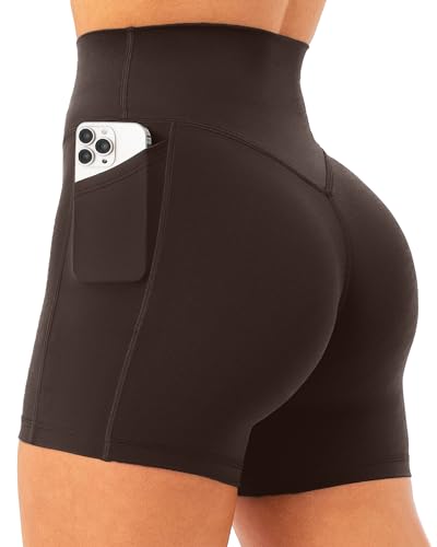 Unthewe High Waisted Biker Shorts for Women with Pockets - 4.5 No Front Seam Workout Gym Spandex Shorts(U775-Chocolate Brown-M)