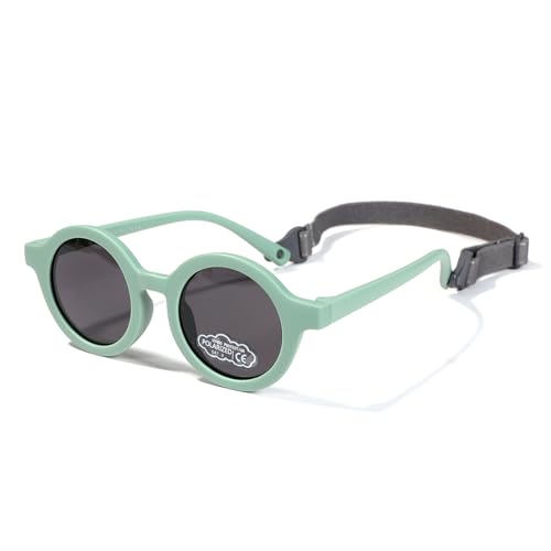 FLJMRAVER Baby Polarized Round Sunglasses Flexible Rubber with Strap for Toddler Newborn Infant Ages 0-24 Months(Matte Green/Grey)
