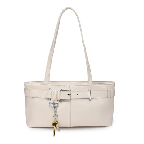 Vintage Y2K Shoulder Bag for Women,Small Belt Buckle Satchel Purse Leather Handbag Clutch Purse, Underarm Tote Handbag for Daily Use - White
