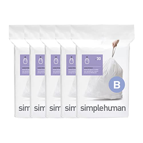 Image of simplehuman Code B 150 Count, Dispenser Packs Custom Fit Liners, Drawstring Trash Bags, 6 Liter / 1.6 Gallon, White