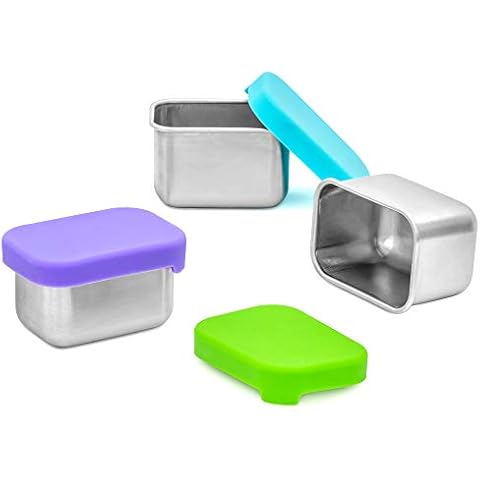 WeeSprout 18/8 Stainless Steel Condiment Containers - Set of 3 Small Dipping Sauce Cups (2.5 oz) with Lids, Pack in Kid/Adult Lunch Box, Leakproof Silicone Lids, Easy to Open, for Dips/Condiments Cover