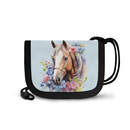 Horse Girls Zipper Wallets for Kids 8-10 Floral Card Holder Wallet for School Personalized Pattern Aesthetic Bifold Wallet Light Blue Wallet Foldable