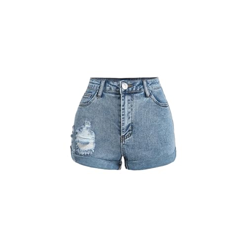 Nivne Tco Teen Girls Denim Shorts - High Waist Rolled Hem Ripped Design Button & Zipper Fly Jean Shorts with 5 Pockets (US Age 14 Years Blue)