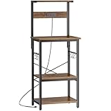 SUPERJARE 4 Tier Bakers Rack with Power Outlets, Microwave Stand with Adjustable Shelf, Kitchen Shelf Organizer for Small Space, Coffee Bar with 6 S Hooks, Kitchen Storage Rack, Rustic Brown
