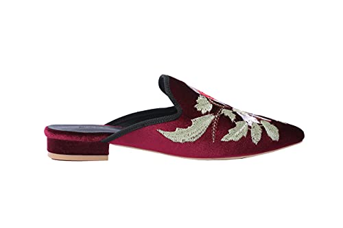 Image of Fericzot Women's Velvet Backless Pointed Toe Slip On Loafers Flats Embroidery Mule Slippers Shoes