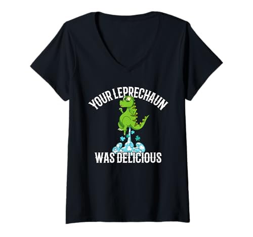 Mujer Dinosaurio T-Rex St Patricks Day Tu duende fue delicioso Camiseta Cuello V