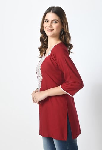 Image of LIBOZA Short Kurti for Women - Lakhnowi Chikankari Embroidered Ladies Kurta, Stylish Girls Top, Ethnic Half Kurtas, Tunic Design Woman Kurtis