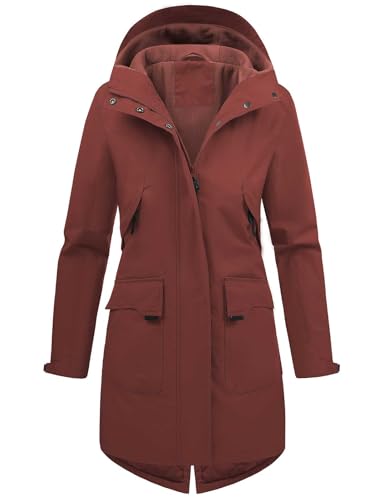 Tuopuda Chaquetas Larga Mujer con Capucha Abrigo Polar Ligero Primavera Otoño Parka Repelente al agua con Cremallera y Bolsillos(Vino tinto,L)