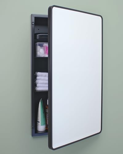 Image of 16x26 Austin Farmhouse Metal Framed Rounded Rectangle Recessed Bathroom Medicine Cabinet, Beveled Mirror, 14x24 in-Wall Opening, powder-coated Steel, Adjustable Glass Shelves, Magnet Close, Black