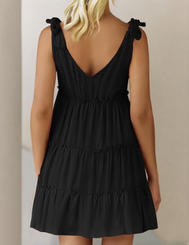 Zesica Womens Summer Casual V Neck Sleeveless Mini Dress 2024 Tie Shoulder Tiered Ruffle Swing A Line Short Sundresses,Black,Small thumb #3