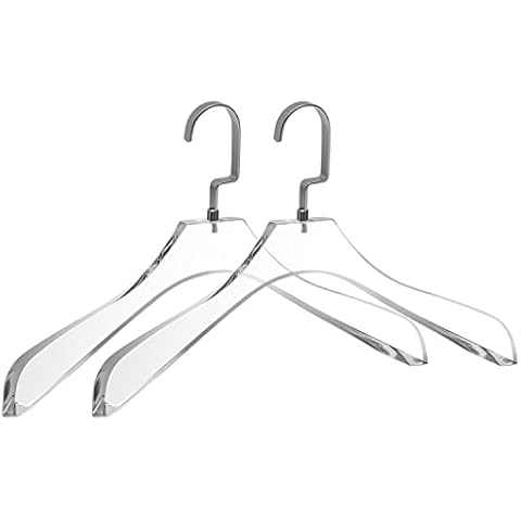 Quality Clear Lucite Acrylic Heavy Duty Coat Suit Hangers - 2 Pack, Curved Stylish Clothes Hanger with Wide Matte Silver Hooks - Coat Hanger for Dress, Suit - Closet Organizer Adult Hangers Cover