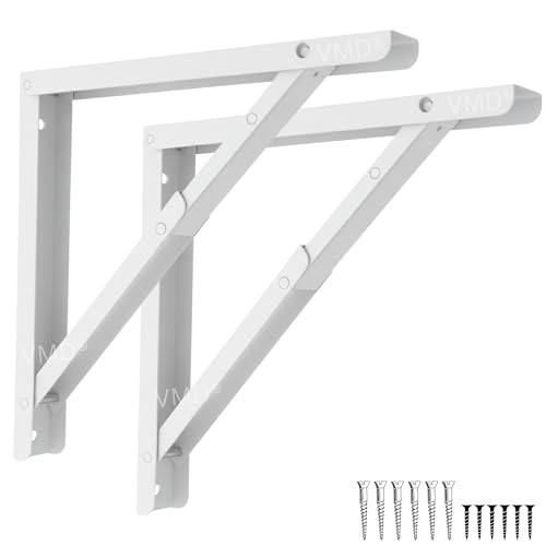 Image of VMD, Heavy Duty 12 inch (White) Foldable Shelf Bracket, DIY Folding Shelves, l Bracket, Wall Brackets, Wall Angle Bracket, Folding Table Bracket with Fittings for fold Down Steel Table (Pack of 2)