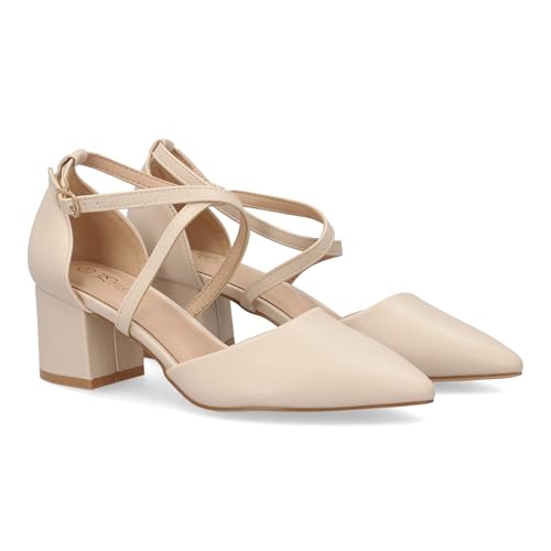 99433 Zapato de Tacon Medio para Mujer con Diseno Elegante de Tiras Cruzadas, Punta Fina, Cierre de Hebilla. Tacon Ancho y Comodo, Ideal Diario u Ocasiones Especiales. Talon Cerrado. Beige Talla 38