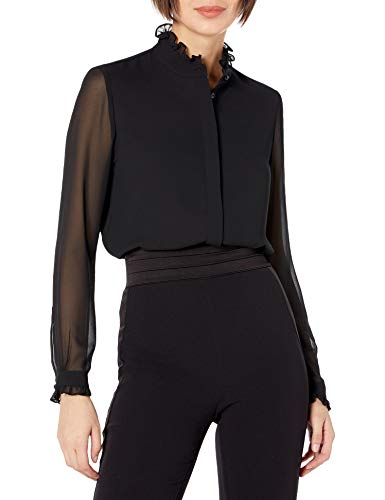 Anne Klein Women's Ruffled Neck and Cuff Button Down Blouse, Anne Black, S