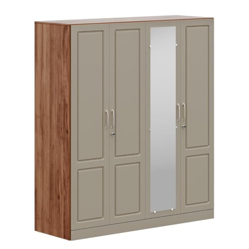 Image of Wakefit Tyrian Plus 4 Door with 4 Shelves 2 Drawers 2 Hanging Areas 1 Mirror SH1-Carcass: Columbian Walnut Shutter: Creamy Brown