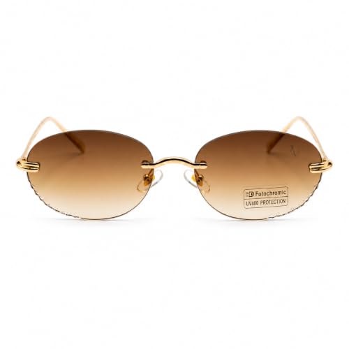 Image of UV Protected Aurora Edge Rimless Photochromic Sunglasses for Men & Women | Oval Sunglasses | Golden Frame | Brown Gradient Lens | Lightweight Fashion Eyewear for Driving, Travel