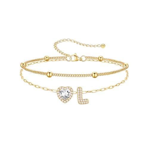 PROSTEEL A-Z Initial Ankle Bracelets for Women Waterproof, Layered Chain Anklet Stainless Steel Summer Beach Anklets, Silver/Gold 8.5-10.5 Inch Adjust
