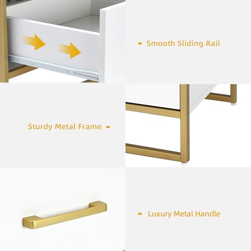 DWVO Night Stand, White and Gold Nightstand Bed Side Table with Drawers, Small Wood Nightstand Sofa Side Table Modern End Tables Bedroom, White