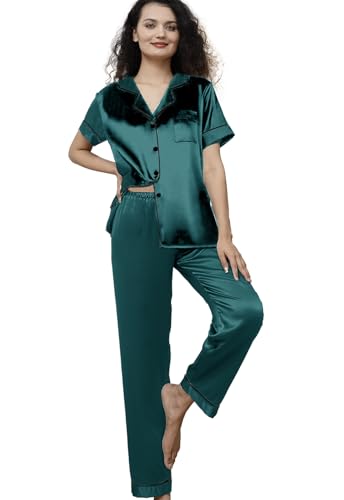 Image of WJing Yi Jia Womens Pajamas Set XS-4XL Floral Silk Satin Pajama Sets Silky Pj Sets 2Pcs Loungewear Sleepwear Button Down Pjs